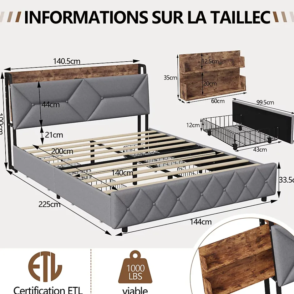 ProximaX Lit double 140x200 cm avec tête de lit, Lit rembourré avec rangements cachés, lit coffre avec ports USB/Type-C et 4 tiroirs, Gris Clearance