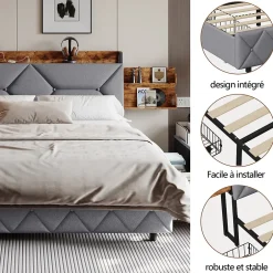 ProximaX Lit double 140x200 cm avec tête de lit, Lit rembourré avec rangements cachés, lit coffre avec ports USB/Type-C et 4 tiroirs, Gris Clearance