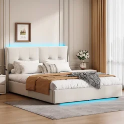 ProximaX Lit double 160x200 cm beige avec tête de lit rembourrée, LED intégré, rangement sous sommier et design minimaliste Discount