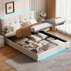 ProximaX Lit double 160x200 cm beige avec tête de lit rembourrée, LED intégré, rangement sous sommier et design minimaliste Discount