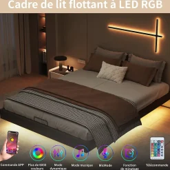 ProximaX Lit double 160x200 cm beige design flottant avec LED, sommier lattes bois, structure métal, Sans tête, rangement intégré New