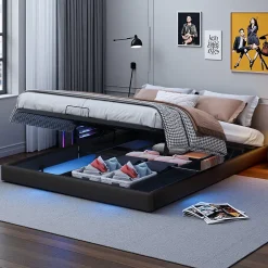 ProximaX Lit double 160x200 cm beige design flottant avec LED, sommier lattes bois, structure métal, Sans tête, rangement intégré New