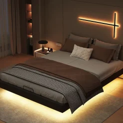 ProximaX Lit double 160x200 cm beige design flottant avec LED, cadre métal, sommier à lattes bois et espace de rangement (sans tête de lit) Best