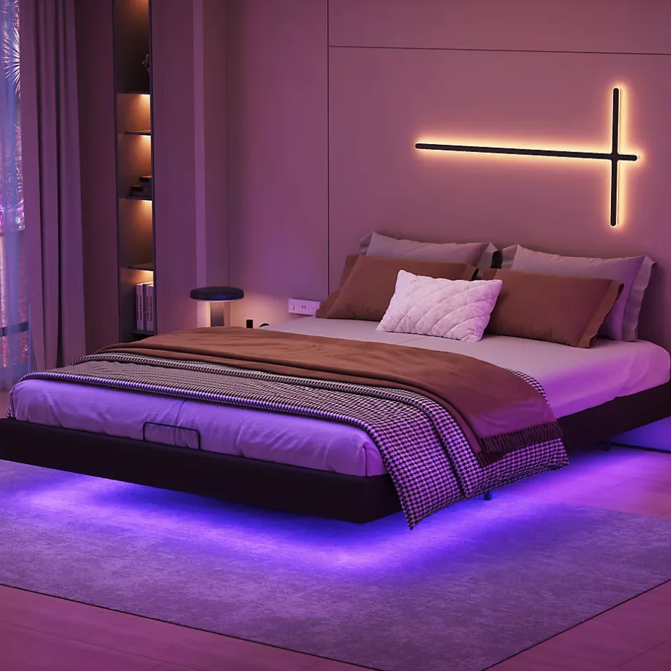 ProximaX Lit double 160x200 cm beige design flottant avec LED, cadre métal, sommier à lattes bois et espace de rangement (sans tête de lit) Best