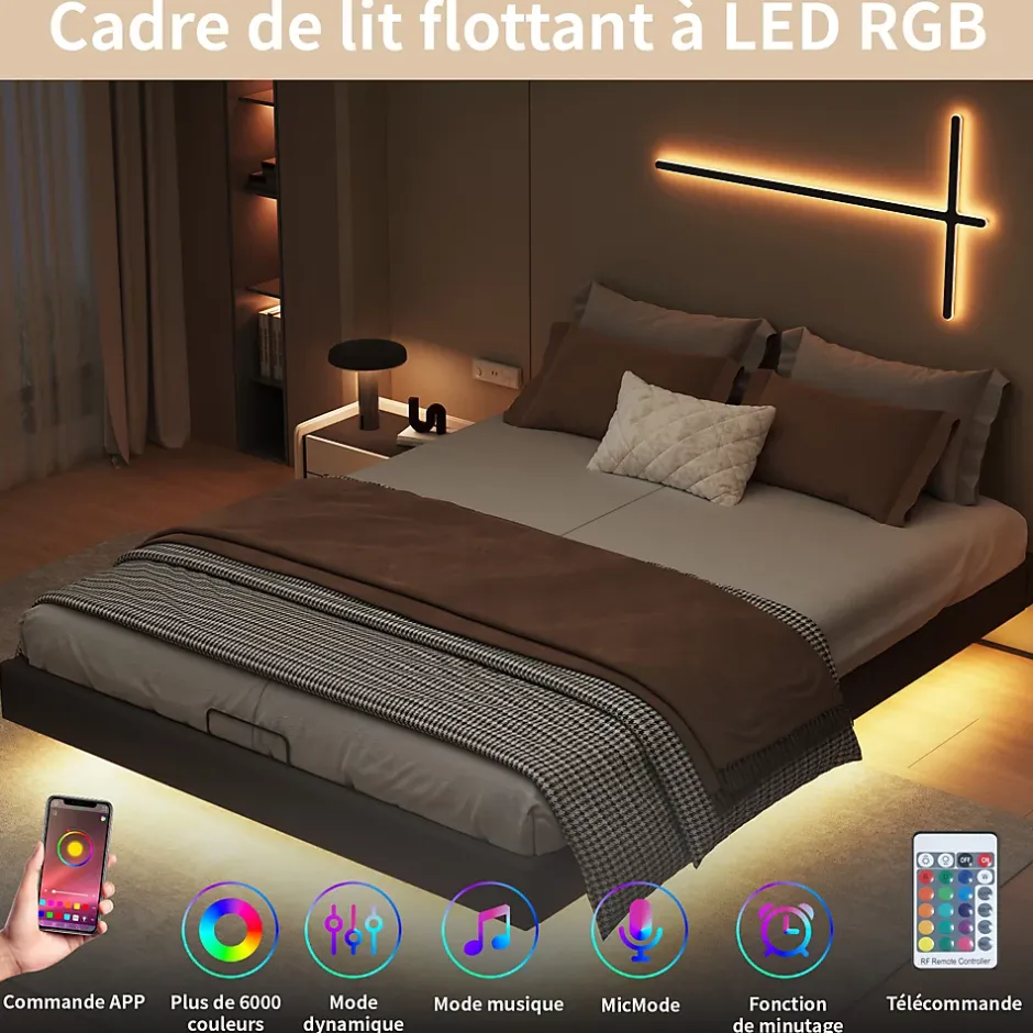 ProximaX Lit double 160x200 cm beige design flottant avec LED, cadre métal, sommier à lattes bois et espace de rangement (sans tête de lit) Best
