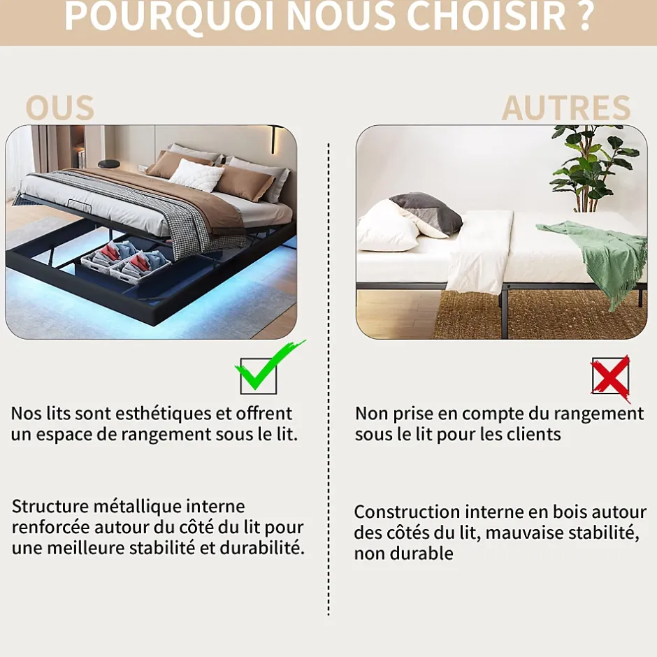 ProximaX Lit double 160x200 cm beige design flottant avec LED, cadre métal, sommier à lattes bois et espace de rangement (sans tête de lit) Best