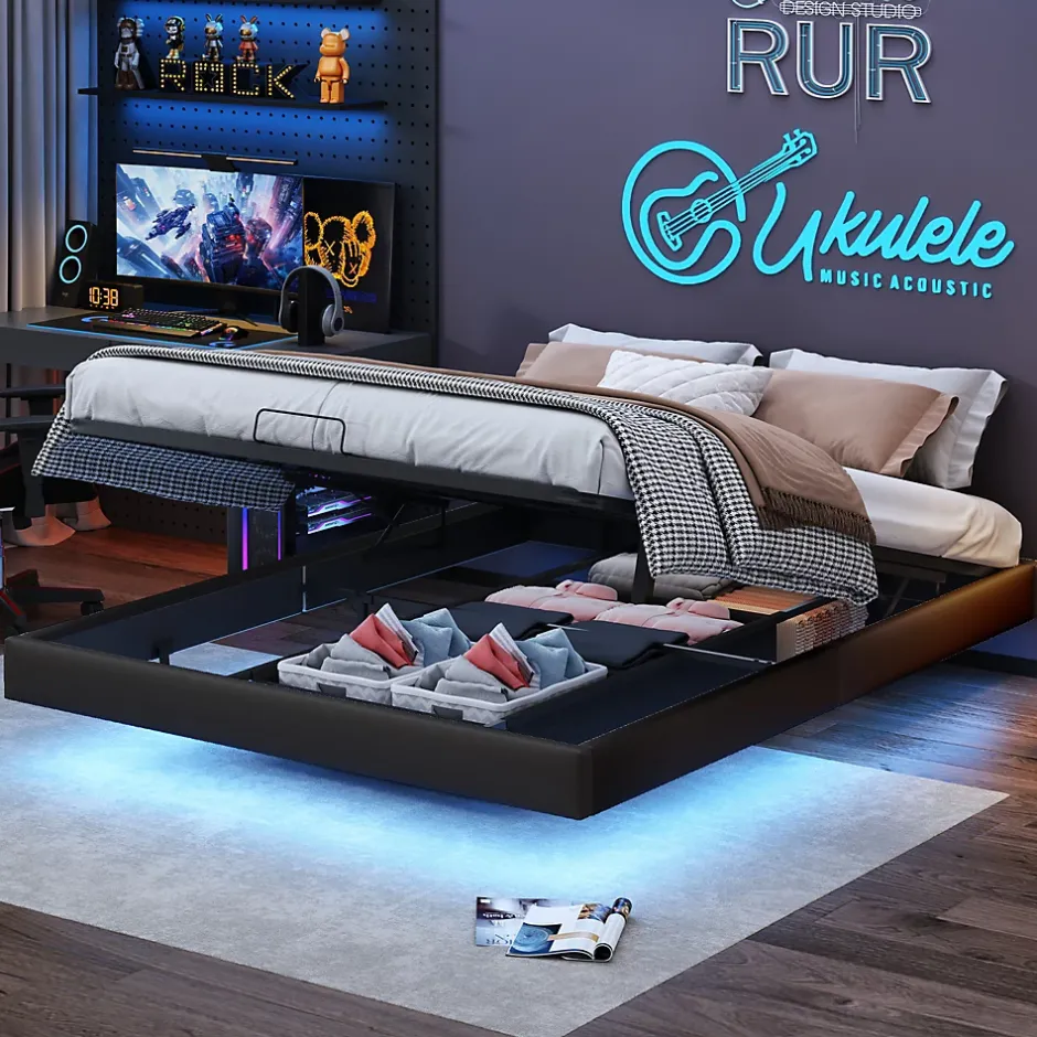 ProximaX Lit double 160x200 cm beige design flottant avec LED, cadre métal, sommier à lattes bois et espace de rangement (sans tête de lit) Best