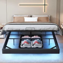 ProximaX Lit double 160x200 cm beige design flottant avec LED, cadre métal, sommier à lattes bois et espace de rangement (sans tête de lit) Best