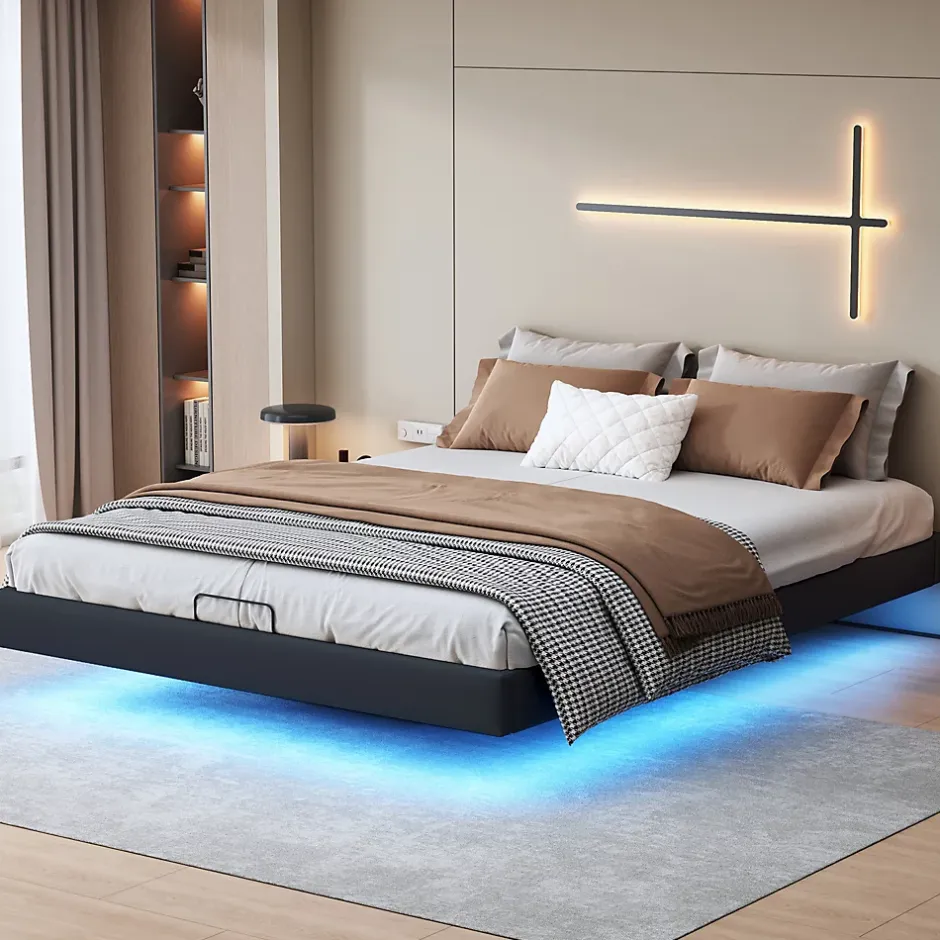 ProximaX Lit double 160x200 cm beige design flottant avec LED, cadre métal, sommier à lattes bois et espace de rangement (sans tête de lit) Best
