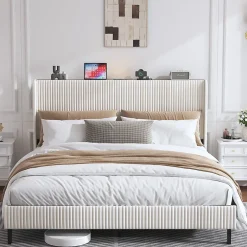 Okwish Lit double 180x200 cm capitonné adulte avec métallique stable et design à ailes - plateforme rembourrée velours côtelé beige/crème Online