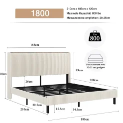 Okwish Lit double 180x200 cm capitonné adulte avec métallique stable et design à ailes - plateforme rembourrée velours côtelé beige/crème Online