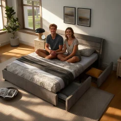Okwish Lit Double 160x200 cm Capitonné, 4 Tiroirs, Facile à Assembler pour Chambre Parentale ou d'Invité, Gris Foncé, Sans Matelas Online