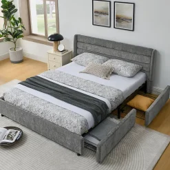 Okwish Lit Double 160x200 cm Capitonné, 4 Tiroirs, Facile à Assembler pour Chambre Parentale ou d'Invité, Gris Foncé, Sans Matelas Online
