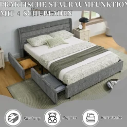 Okwish Lit Double 140x200 cm Capitonné, 4 Tiroirs, Facile à Assembler pour Chambre d'Ado ou d'Invité, Gris Foncé, Sans Matelas New