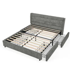 Okwish Lit Double 140x200 cm Capitonné, 4 Tiroirs, Facile à Assembler pour Chambre d'Ado ou d'Invité, Gris Foncé, Sans Matelas New