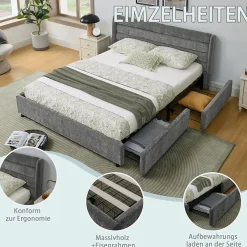 Okwish Lit Double 140x200 cm Capitonné, 4 Tiroirs, Facile à Assembler pour Chambre d'Ado ou d'Invité, Gris Foncé, Sans Matelas New