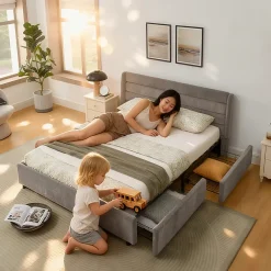 Okwish Lit Double 140x200 cm Capitonné, 4 Tiroirs, Facile à Assembler pour Chambre d'Ado ou d'Invité, Gris Foncé, Sans Matelas New