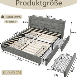 Okwish Lit Double 140x200 cm Capitonné, 4 Tiroirs, Facile à Assembler pour Chambre d'Ado ou d'Invité, Gris Foncé, Sans Matelas New