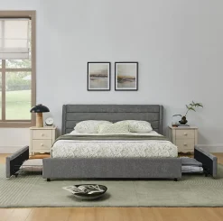 Okwish Lit Double 140x200 cm Capitonné, 4 Tiroirs, Facile à Assembler pour Chambre d'Ado ou d'Invité, Gris Foncé, Sans Matelas New