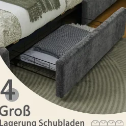 Okwish Lit Double 140x200 cm Capitonné, 4 Tiroirs, Facile à Assembler pour Chambre d'Ado ou d'Invité, Gris Foncé, Sans Matelas New