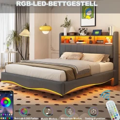 Okwish Lit Double 140x200 cm capitonné avec LED et Ports USB/Type-C, Coffre Intégré, Tissu Gris, Sans Matelas New