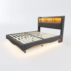 Okwish Lit Double 140x200 cm capitonné avec LED et Ports USB/Type-C, Coffre Intégré, Tissu Gris, Sans Matelas New