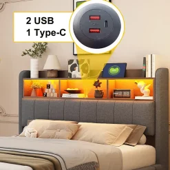 Okwish Lit Double 140x200 cm capitonné avec LED et Ports USB/Type-C, Coffre Intégré, Tissu Gris, Sans Matelas New