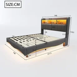 Okwish Lit Double 140x200 cm capitonné avec LED et Ports USB/Type-C, Coffre Intégré, Tissu Gris, Sans Matelas New