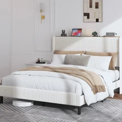 Okwish Lit double 160x200 cm capitonné adulte avec métallique stable et design à ailes - plateforme rembourrée velours côtelé beige/crème Hot