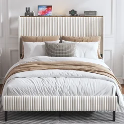 Okwish Lit double 140x200 cm capitonné adulte avec métallique stable et design à ailes - plateforme rembourrée velours côtelé beige/crème Online