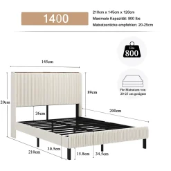 Okwish Lit double 140x200 cm capitonné adulte avec métallique stable et design à ailes - plateforme rembourrée velours côtelé beige/crème Online