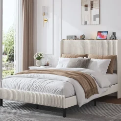Okwish Lit double 140x200 cm capitonné adulte avec métallique stable et design à ailes - plateforme rembourrée velours côtelé beige/crème Online