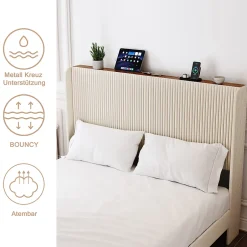 Okwish Lit double 140x200 cm capitonné adulte avec métallique stable et design à ailes - plateforme rembourrée velours côtelé beige/crème Online