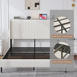 Okwish Lit double 140x200 cm capitonné adulte avec métallique stable et design à ailes - plateforme rembourrée velours côtelé beige/crème Online