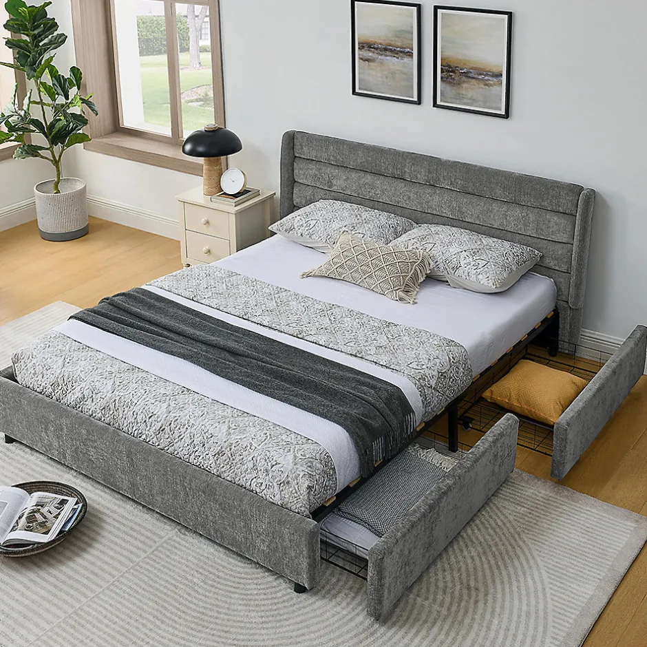Blackcolors Lit double 160x200 cm, chenille, 4 tiroirs - gris foncé Sale