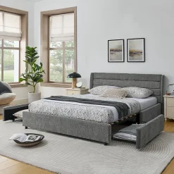 Blackcolors Lit double 160x200 cm, chenille, 4 tiroirs - gris foncé Sale