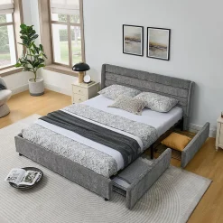 Blackcolors Lit double 160x200 cm, chenille, 4 tiroirs - gris foncé Sale