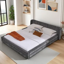 Blackcolors Lit double 140x200 cm, chenille, cadre eucalyptus/fer - gris foncé New