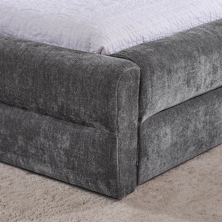 Blackcolors Lit double 140x200 cm, chenille, cadre eucalyptus/fer - gris foncé New