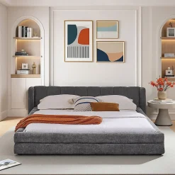 Blackcolors Lit double 140x200 cm, chenille, cadre eucalyptus/fer - gris foncé New