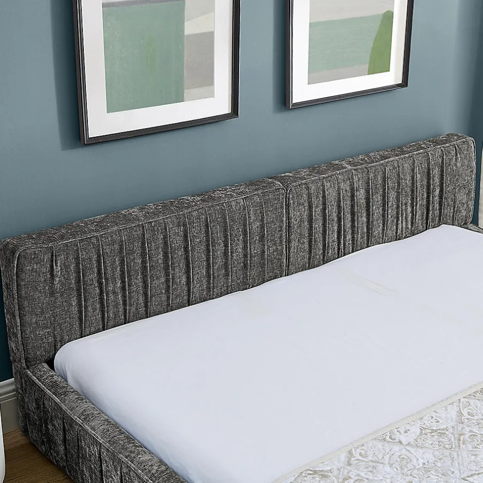 Blackcolors Lit double 160x200 cm, chenille veloutée, bois eucalyptus - gris foncé