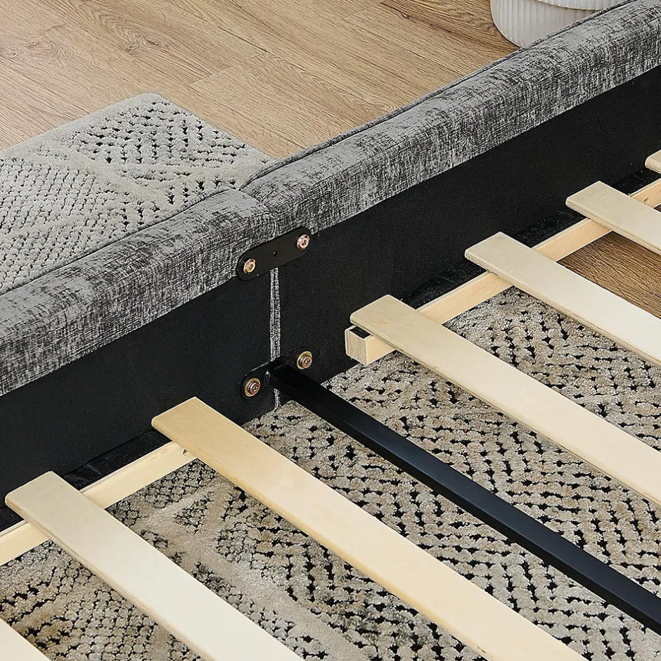 Blackcolors Lit double 140x200 cm, chenille veloutée, bois eucalyptus, cadre fer - gris foncé Sale