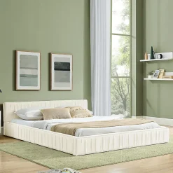 Blackcolors Lit double 140x200 cm, chenille veloutée, bois eucalyptus, cadre fer - beige Hot