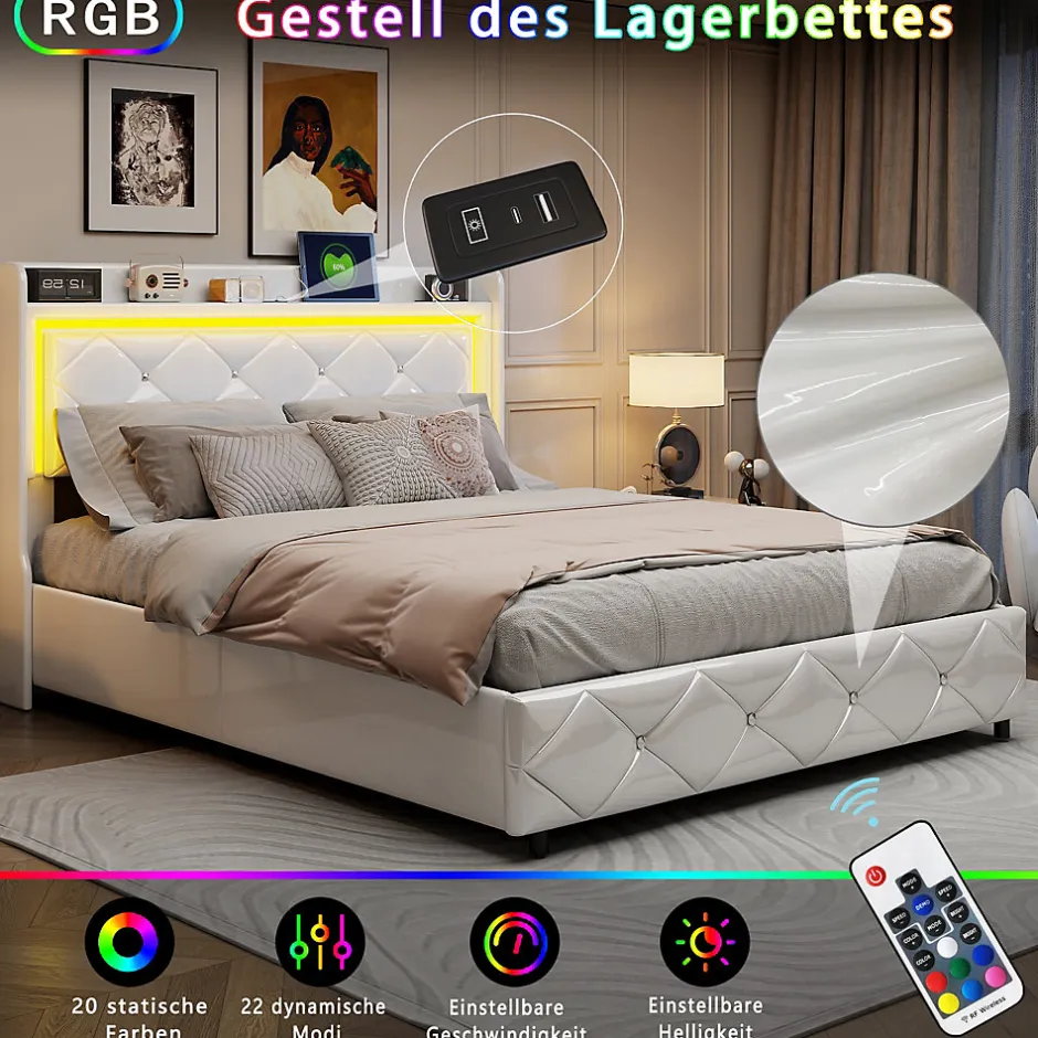 Simple Life Lit double 160x200 cm cuir polyuréthane blanc, capitonné cristal, coffre de rangement hydraulique, ports USB et LED ambiance.