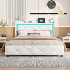 ProximaX Lit double 140x200 cm cuir PU blanc capitonné cristal, coffre hydraulique, ports USB et LED