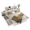 Redom Lit double 140x200 cm en bois avec sommier tête de lit tiroirs tables de chevet chargeur sans fil et port Type C blanc