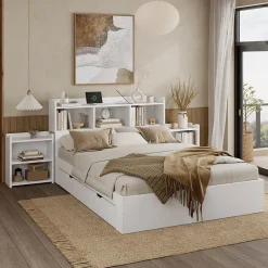 Redom Lit double 140x200 cm en bois avec sommier tête de lit tiroirs tables de chevet chargeur sans fil et port Type C blanc