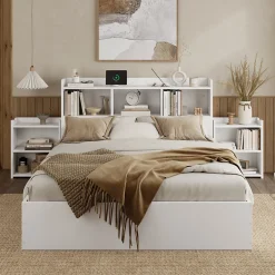 Redom Lit double 140x200 cm en bois avec sommier tête de lit tiroirs tables de chevet chargeur sans fil et port Type C blanc