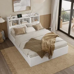 Redom Lit double 140x200 cm en bois avec sommier tête de lit tiroirs tables de chevet chargeur sans fil et port Type C blanc
