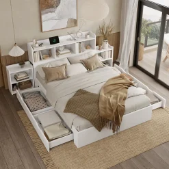 Redom Lit double 140x200 cm en bois avec sommier tête de lit tiroirs tables de chevet chargeur sans fil et port Type C blanc